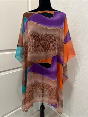 Colorblock Animal Print Sheer Poncho- Purple, Orange, Turquoise, Brown